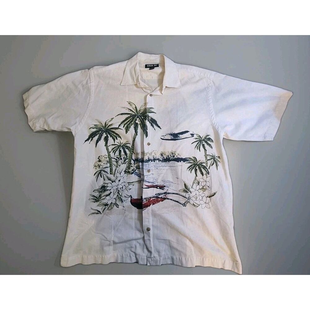 Mens Keller Bay Hawaiian Planes & Palm Trees Button Down Short Sleeve Shirt Sz L